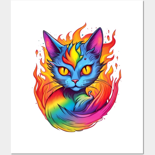 Fantasia Feline - Flaming Rainbow Cat Tee Variation 1 Wall Art by trubble